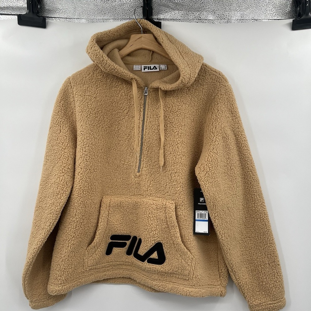 FILA Womens XL Sweatshirt Tan Long Teddy Sherpa‎ 1/4  Zip Fleece Hoodie NWT